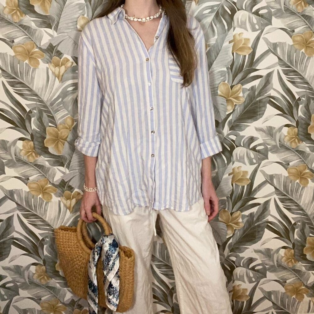 Striped Linen Button Up Blue and White with Shell Buttons